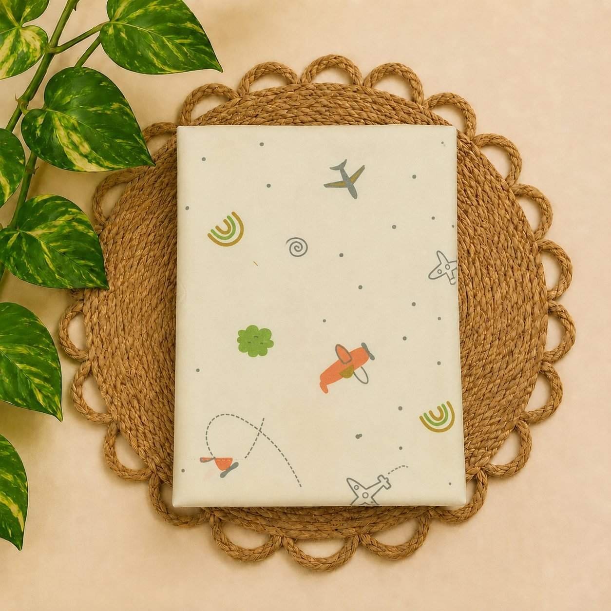 Small 100% organic cotton baby mattress protector sheet 60x80cm Cream  Aeroplane -code:nbe
