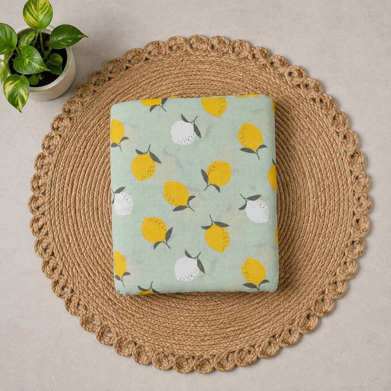 Premium Muslin Cradle Cloth 3.5 Metre for Babies Up to 1 Year-Green with lemon prints,NBE