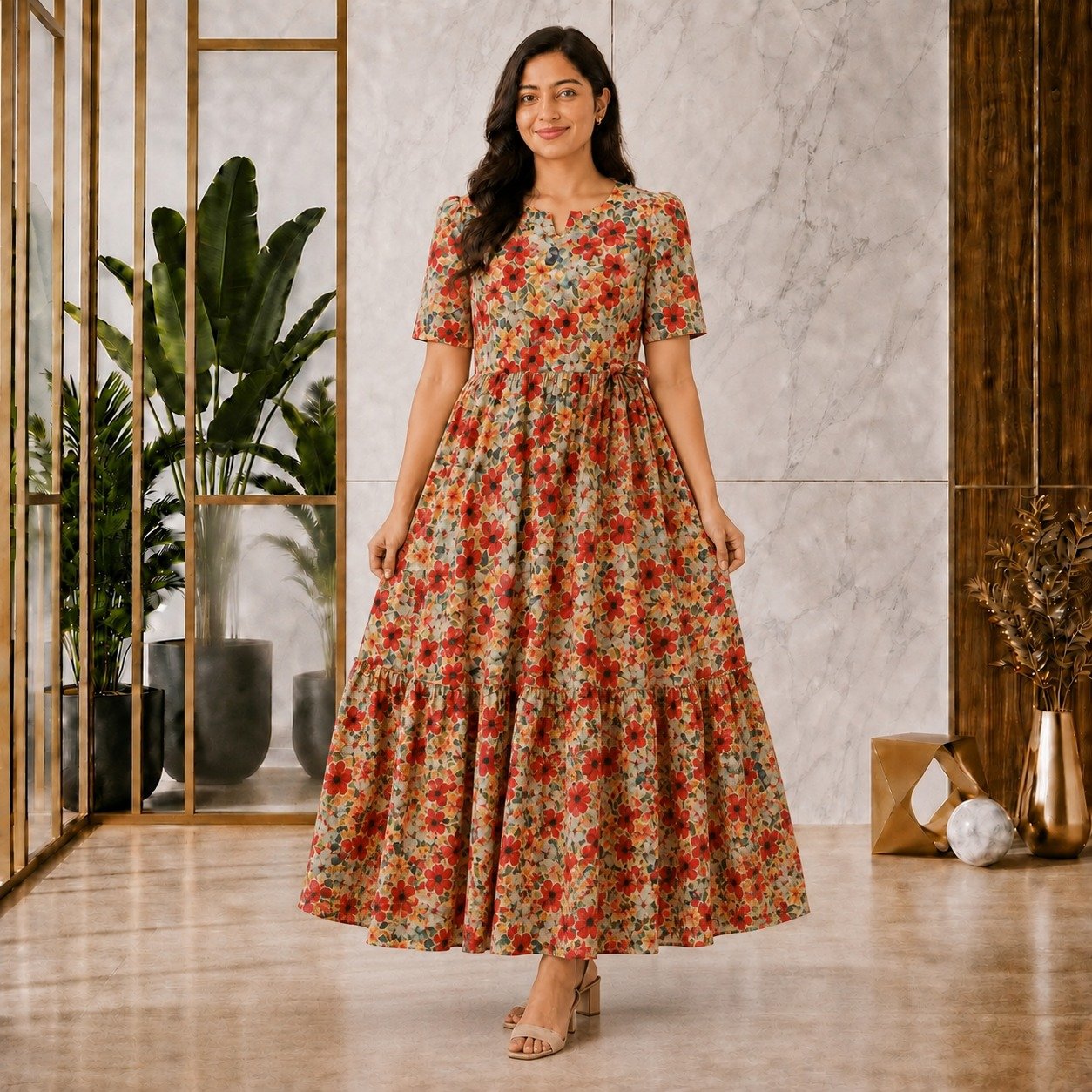 Premium cotton Multi Floral Prints Feeding Dress with waist flap conceals the zip closure