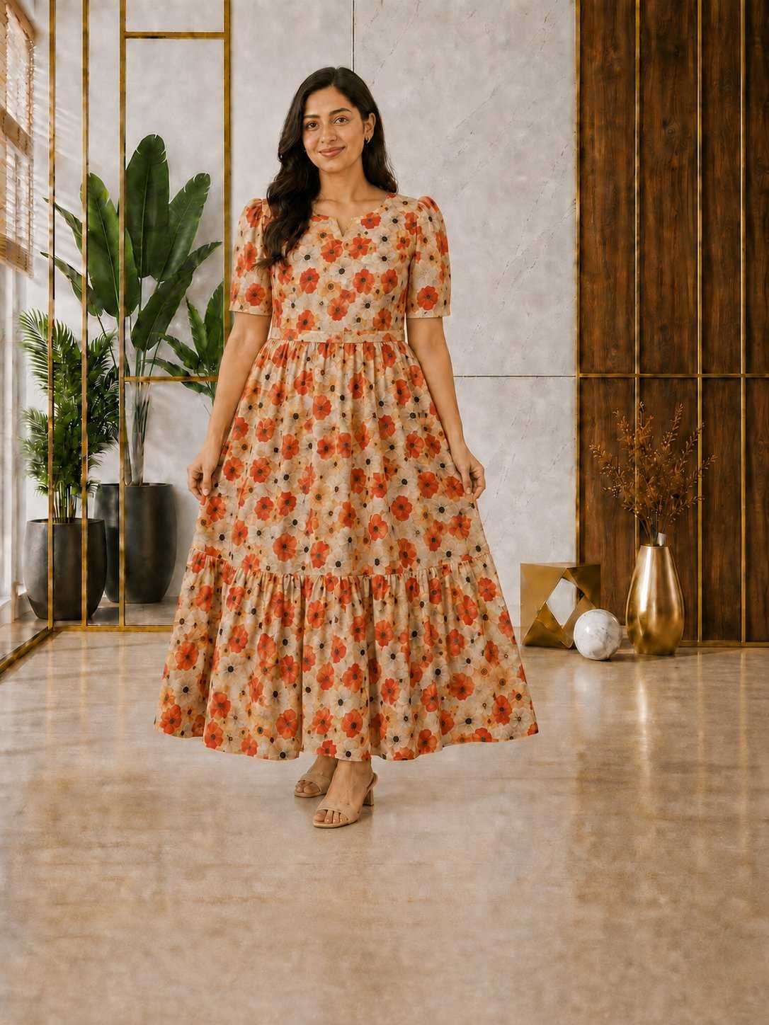 premium cotton Orange Poppy Floral Prints Feeding dress with waist flap conceals the zip closure