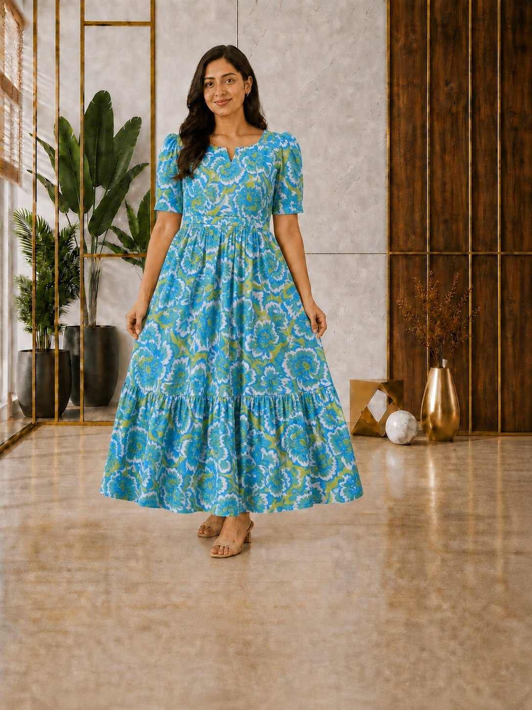 Premium cotton Aqua Lime Floralfeeding dress with waist flap conceals the zip closure