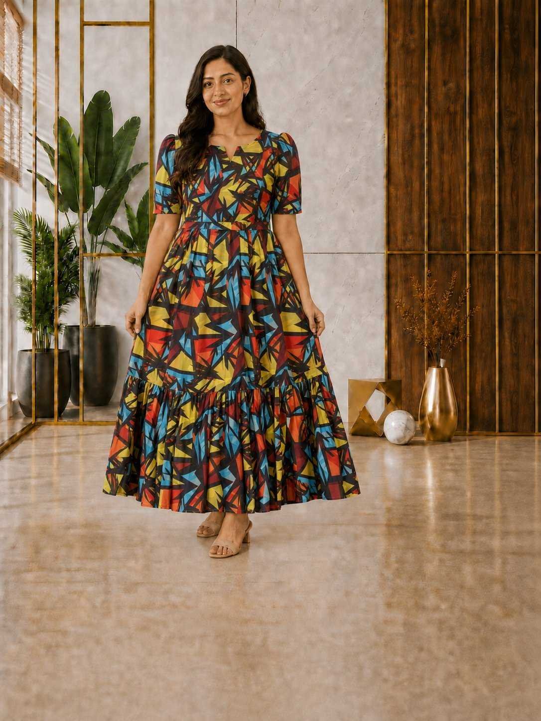 Premium CottonBlack Multicolour Abstract Geometric Feeding Dress with Waist Flap Conceals the Zip Closure