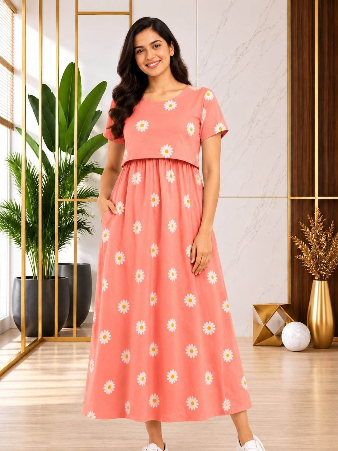 165-175 gsmpremium quality pure knitted cotton feeding lounge wear zipless type-Peach With White Florals  prints