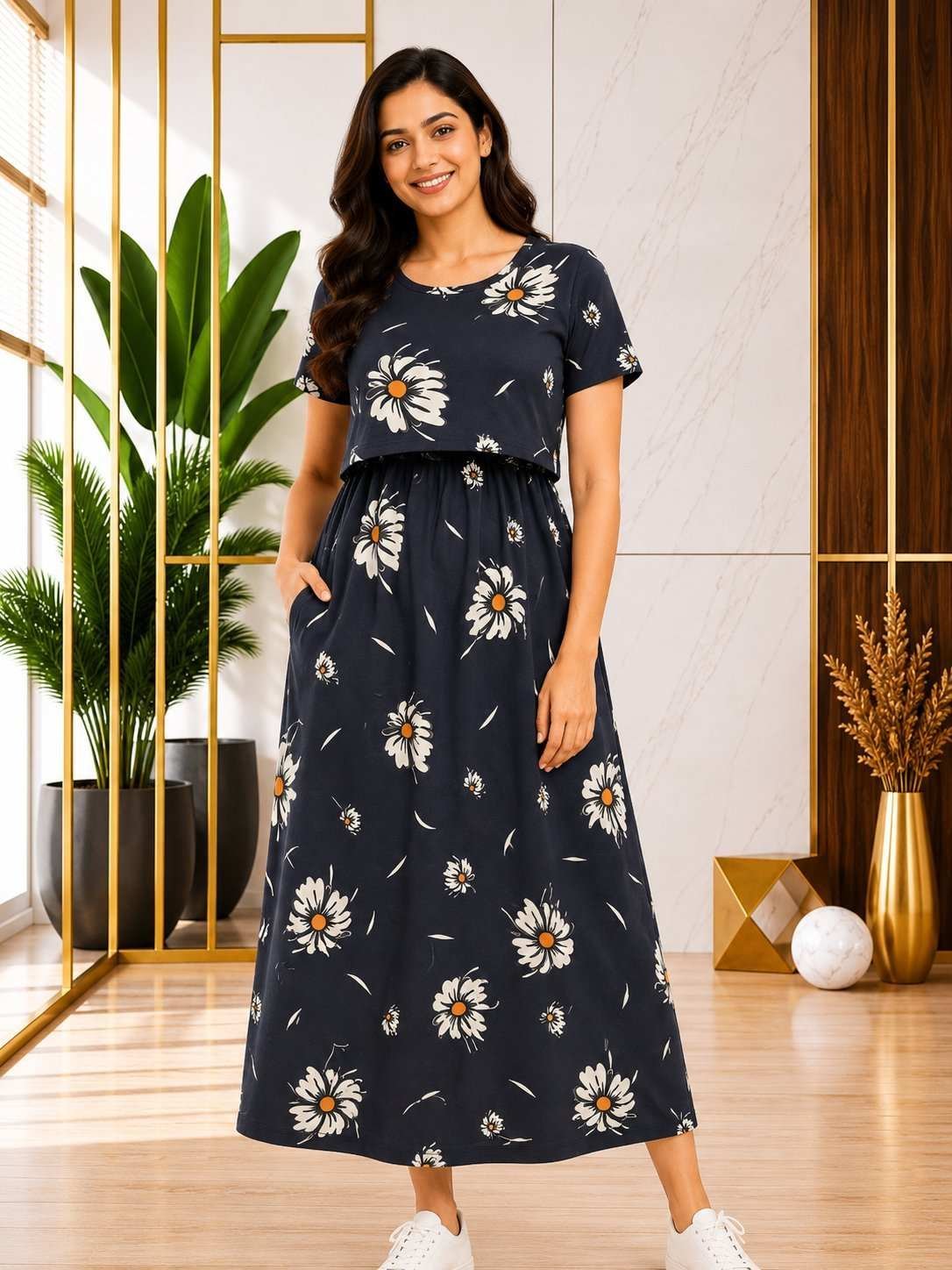 165-175 gsmpremium quality pure knitted cotton feeding lounge wear zipless type-Navy With White Florals