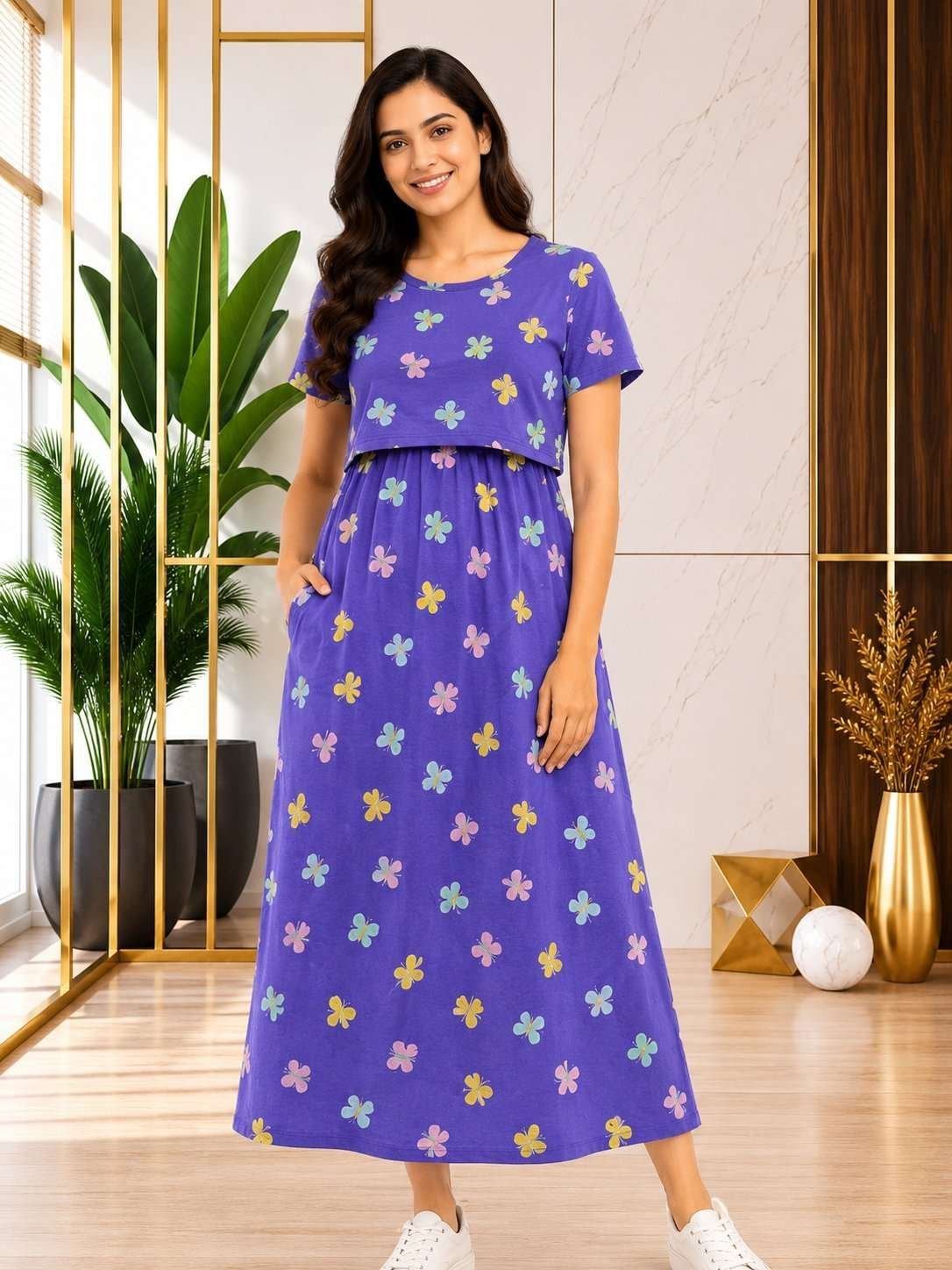165-175 gsmpremium quality pure knitted cotton feeding lounge wear zipless type-Lavander Butterflys