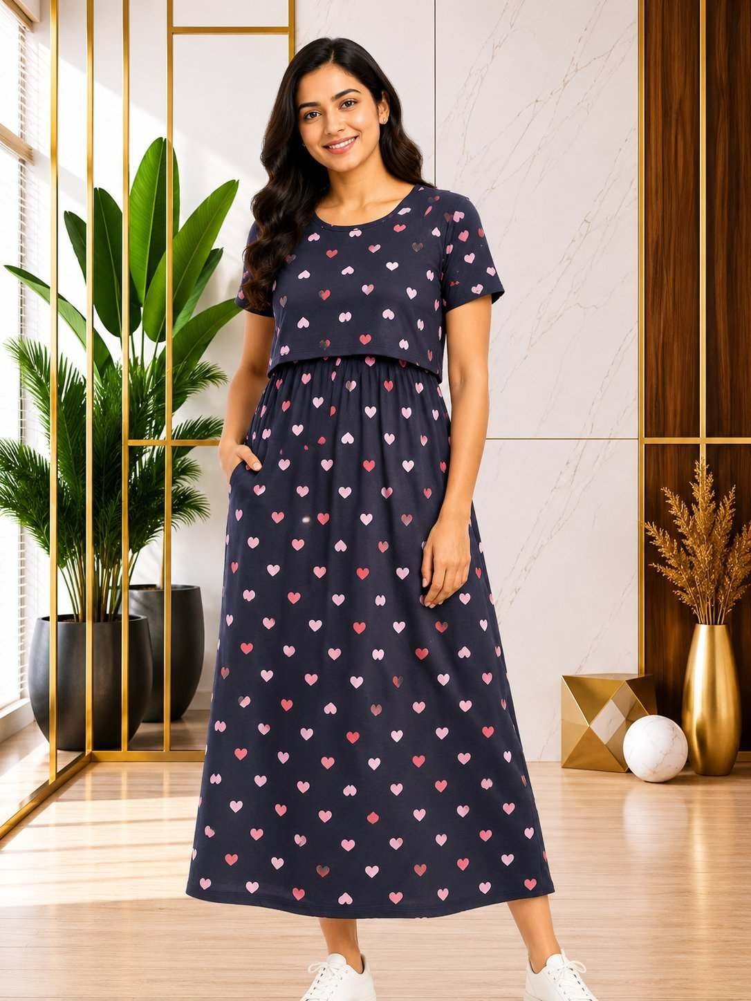 165-175 gsmpremium quality pure knitted cotton feeding lounge wear zipless type-Navy Blue Hearts