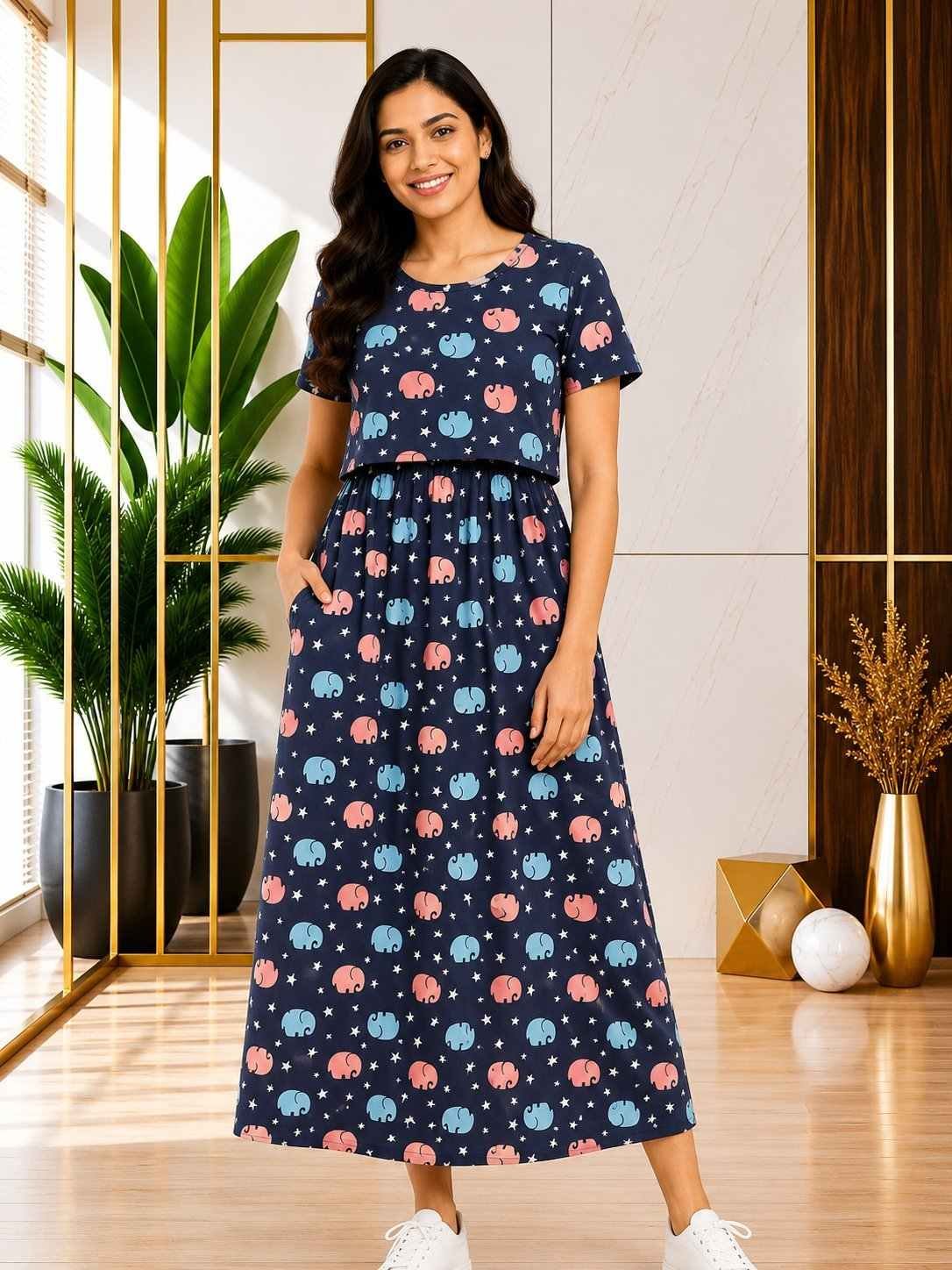 165-175 gsmpremium quality pure knitted cotton feeding lounge wear zipless type-Navy Elephants Print