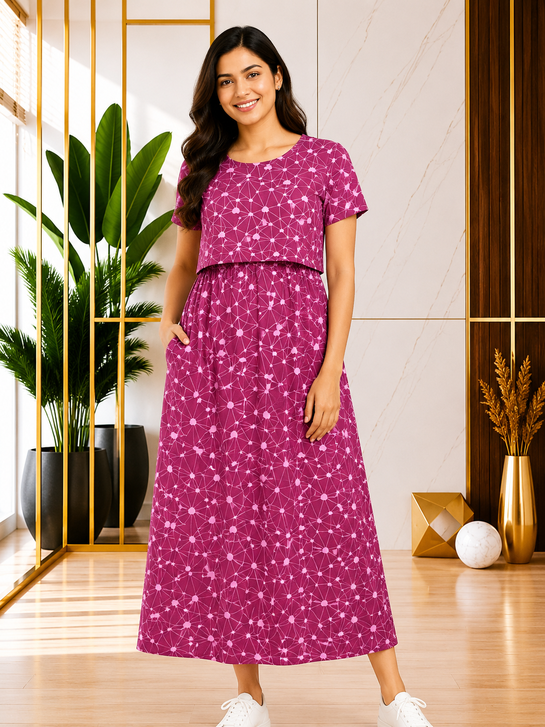 165-175 gsmpremium quality pure knitted cotton feeding lounge wear zipless type-Pink Geometric Prints