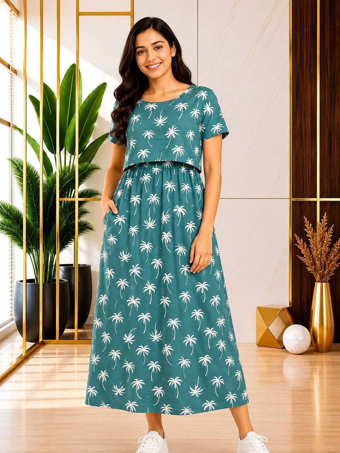 165-175 gsmpremium quality pure knitted cotton feeding lounge wear zipless type-Green With White Tree