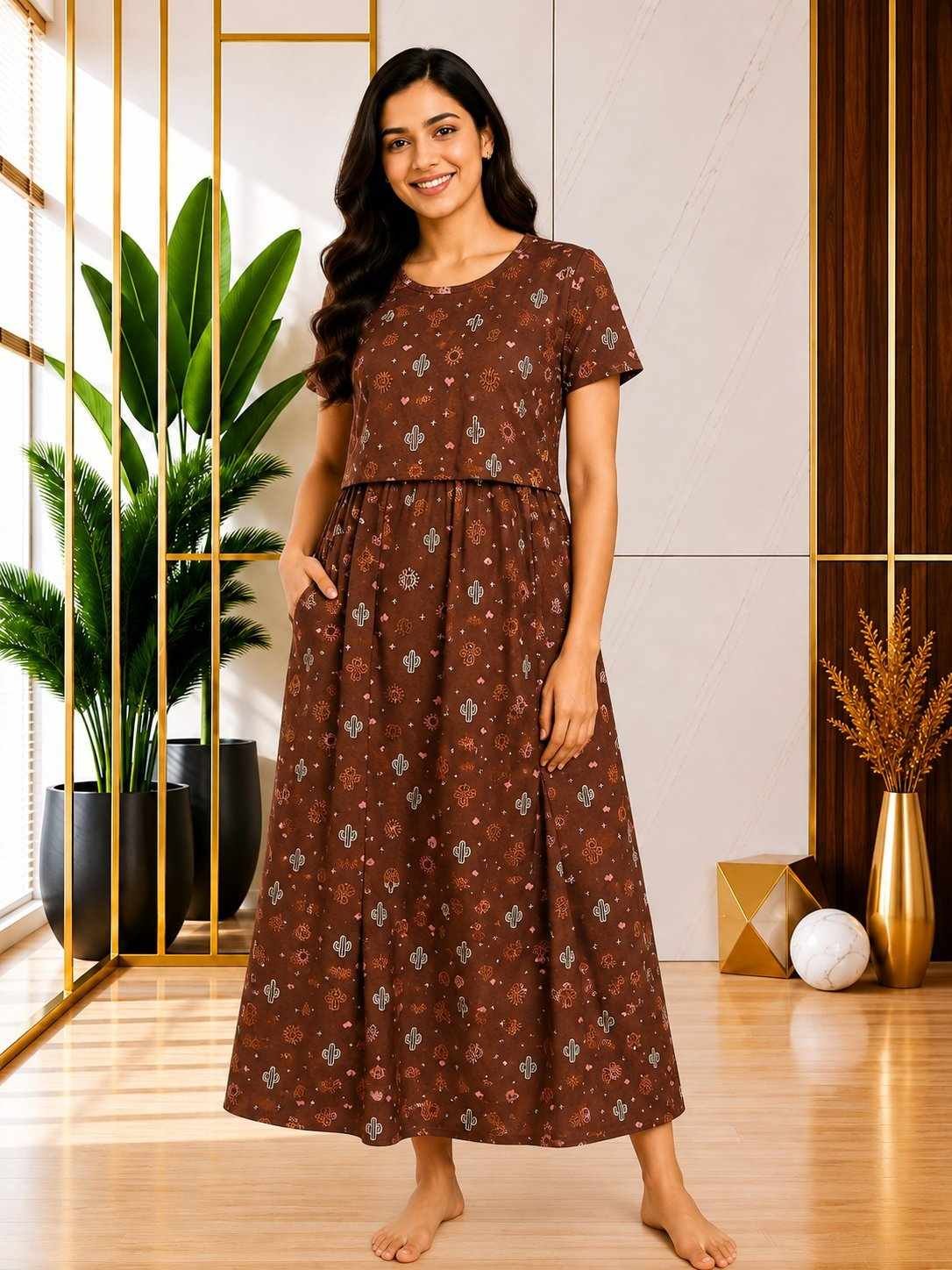165-175 gsmpremium quality pure knitted cotton feeding lounge wear zipless type-Brown With Multi Prints
