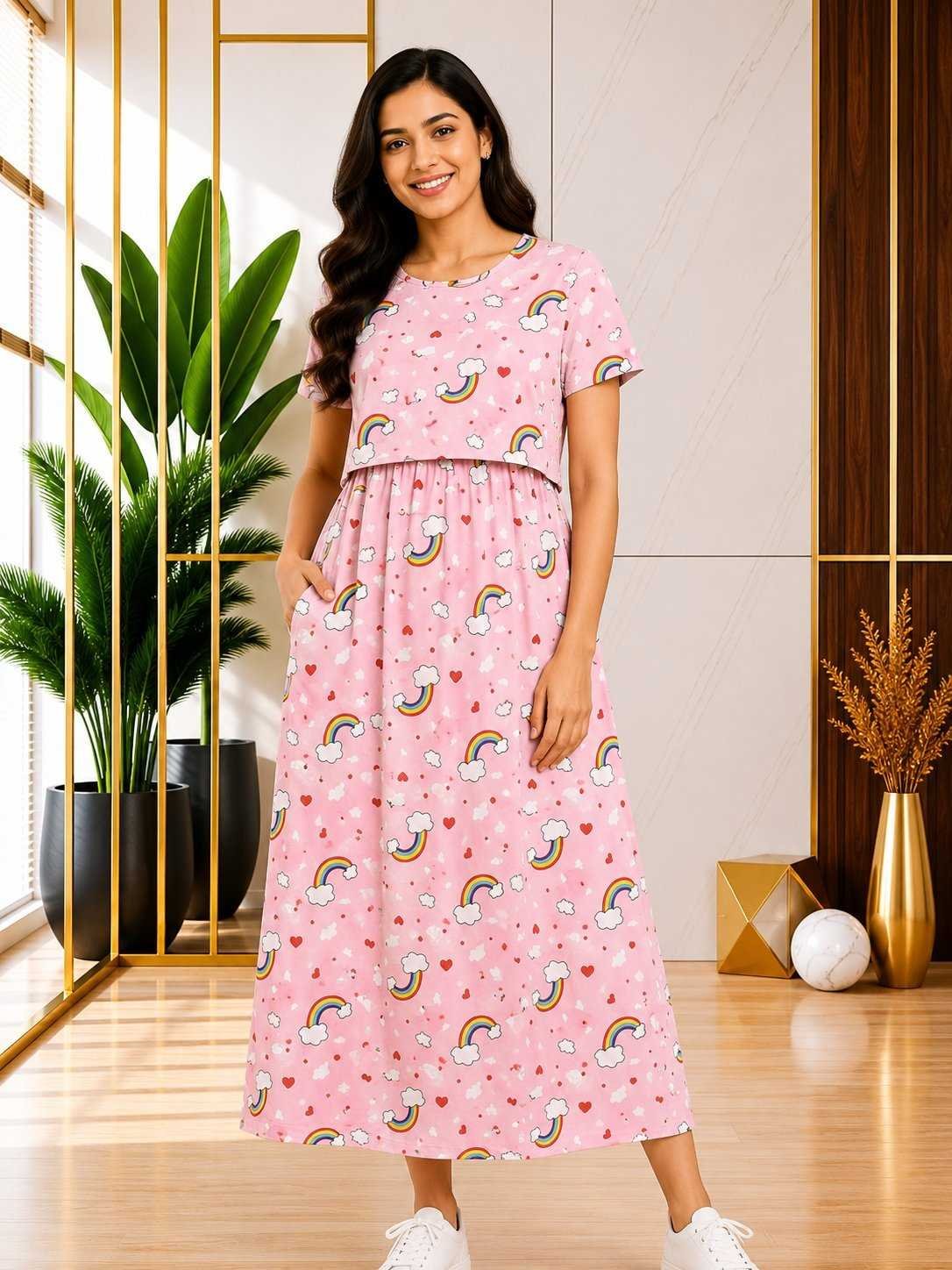 165-175 gsmpremium quality pure knitted cotton feeding lounge wear zipless type-Pink Rainbow Prints