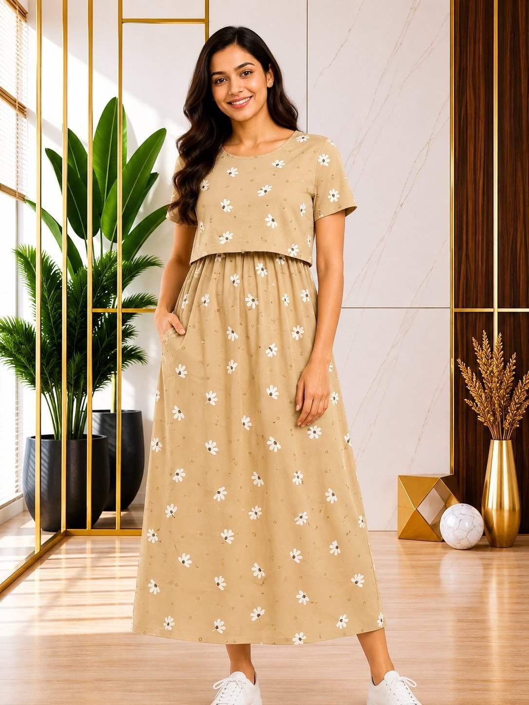 165-175 gsmpremium quality pure knitted cotton feeding lounge wear zipless type-Cream With White Florals