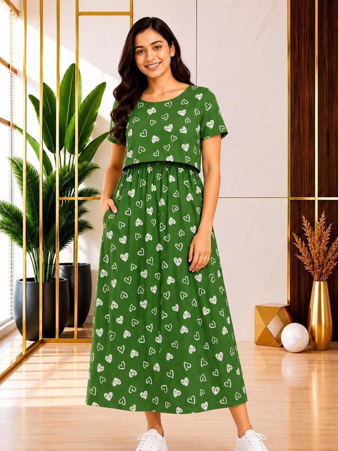 165-175 gsmpremium quality pure knitted cotton feeding lounge wear zipless type-Green WithWhite Florals