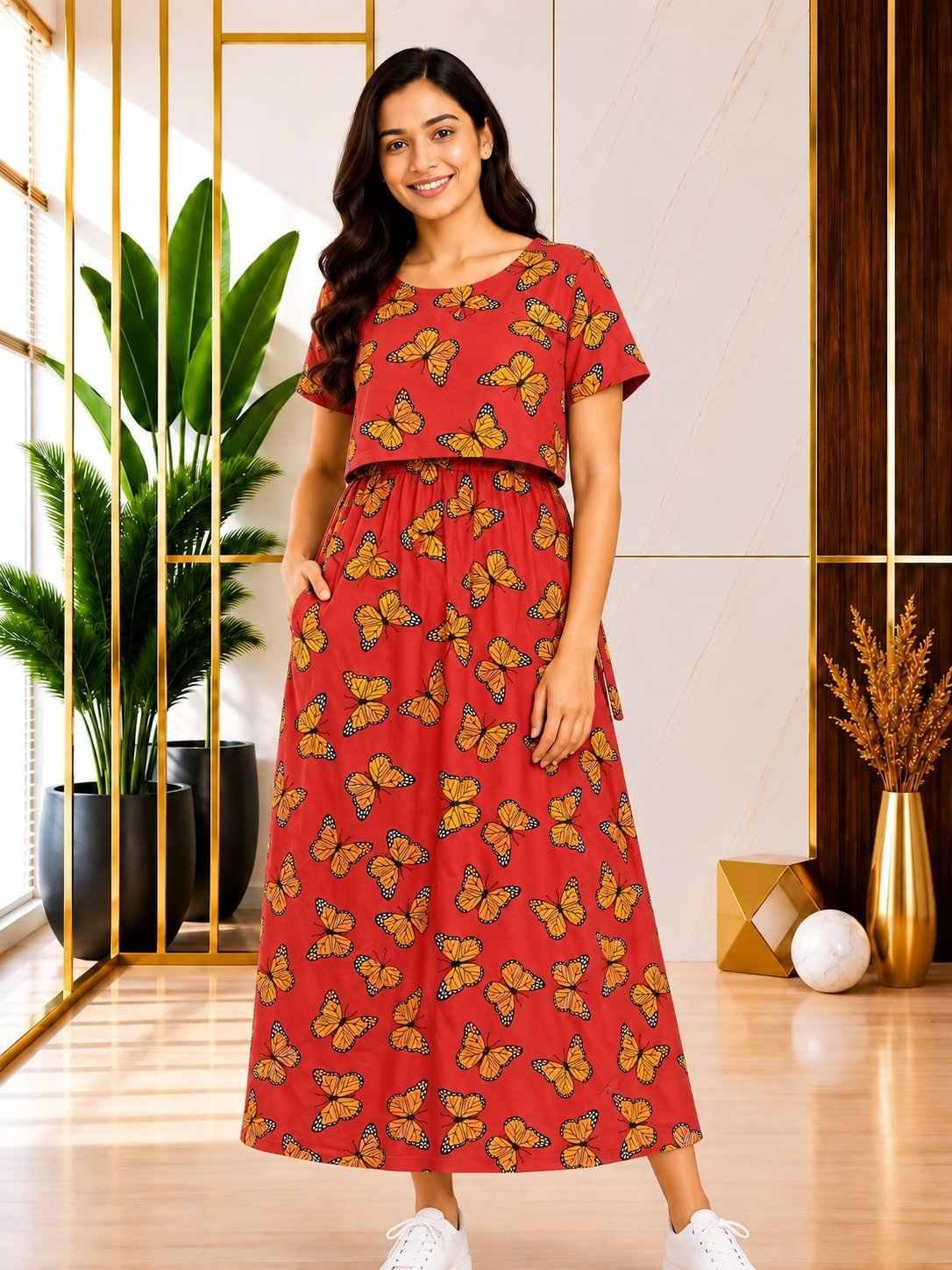 165-175 gsmpremium quality pure knitted cotton feeding lounge wear zipless type-Red Butterfly Prints