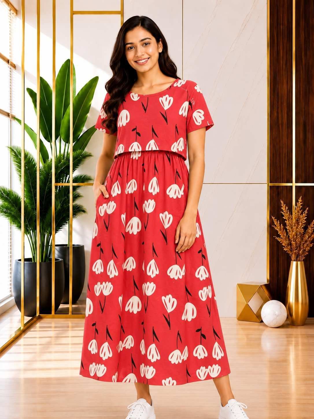 165-175 gsmpremium quality pure knitted cotton feeding lounge wear zipless type-Red With White Florals