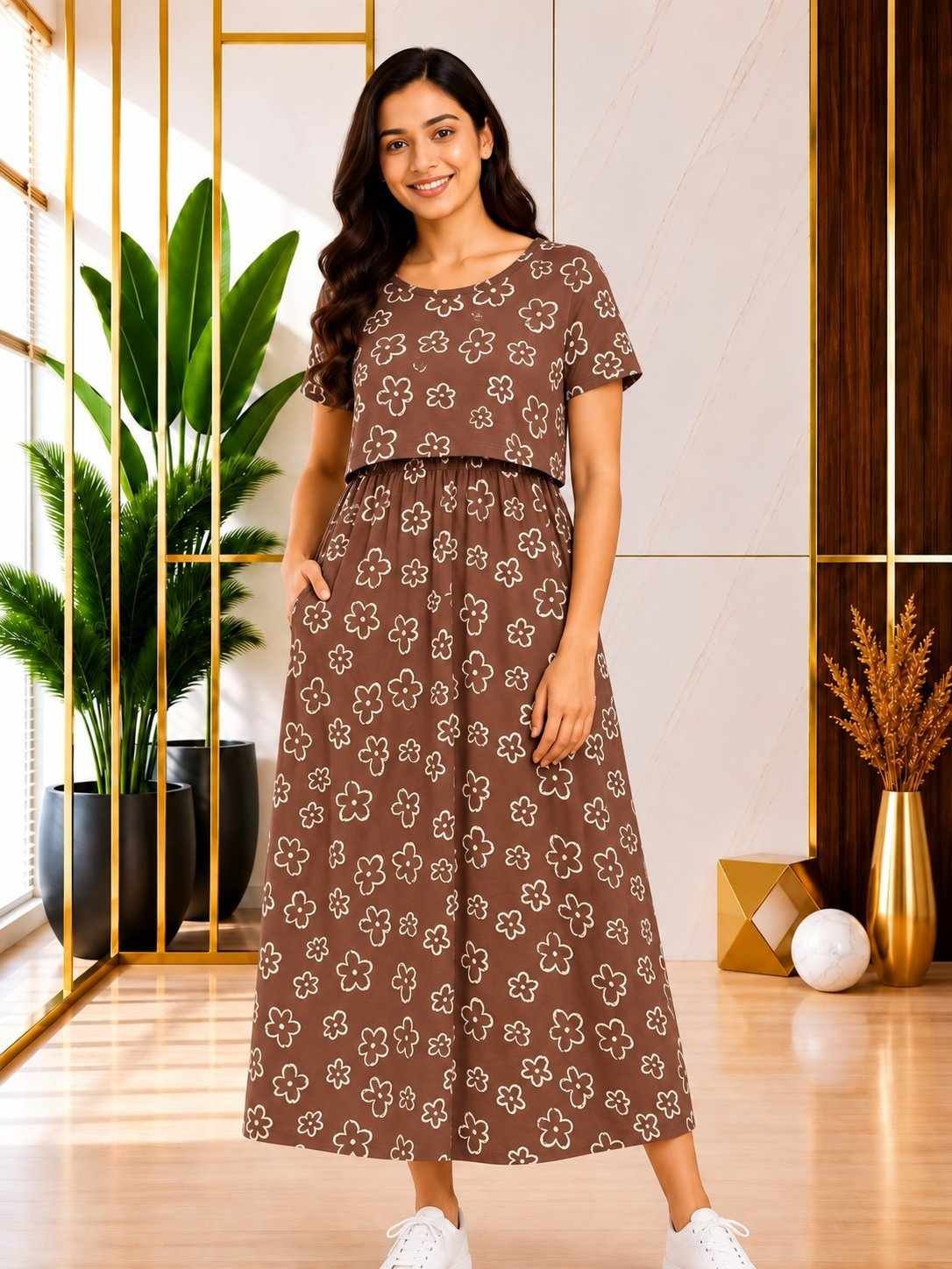 165-175 gsmpremium quality pure knitted cotton feeding lounge wear zipless type-Brown with White Flower