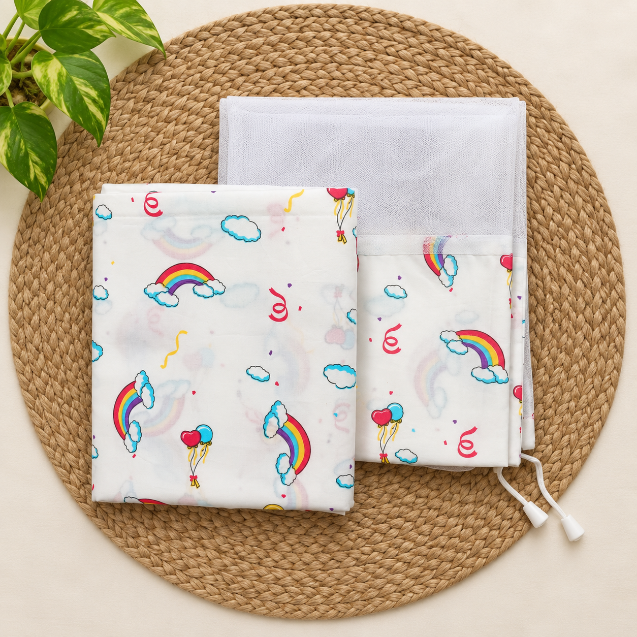 organic cotton thottil/jhula/jhoola cloth cradle for 0-2 years, cradle for baby with musquito net - zip type, hanging cradle - 3.6 meters-White Rainbow