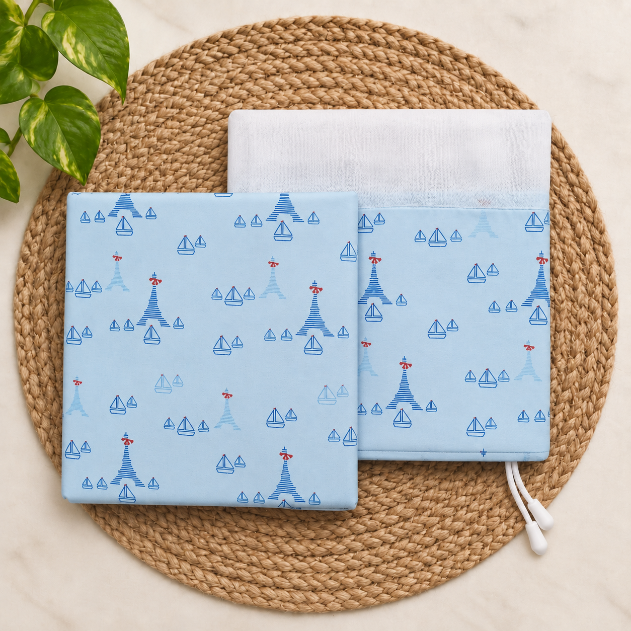 organic cotton thottil/jhula/jhoola cloth cradle for 0-2 years, cradle for baby with musquito net - zip type, hanging cradle - 3.6 meters-Blue Paris Prints