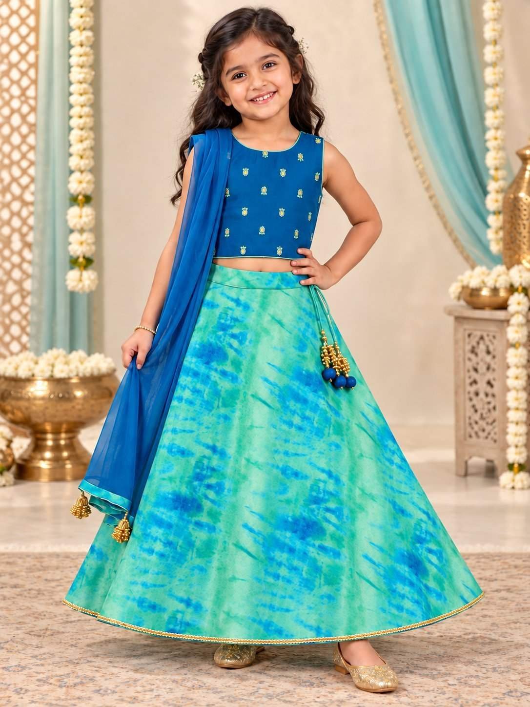 girls party wear lehenga choli dress for functions-green with white-Peacooke Colour