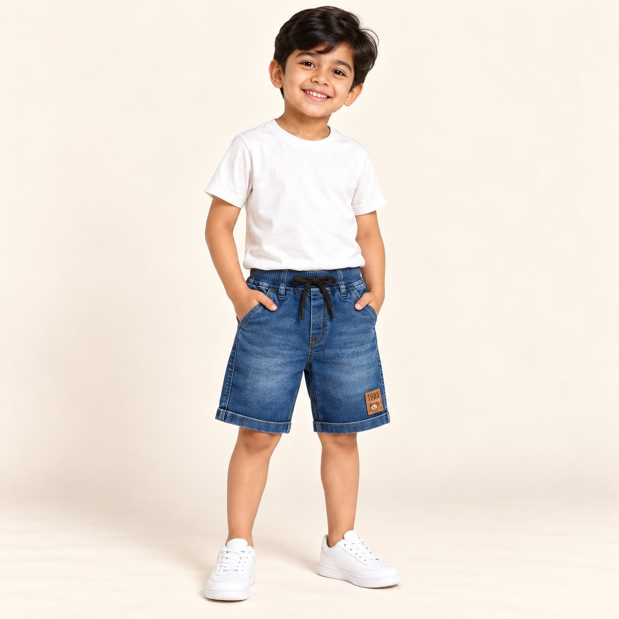 Boys Stretchable Denim Shorts with Elastic Waist & Pockets-Blue Denim