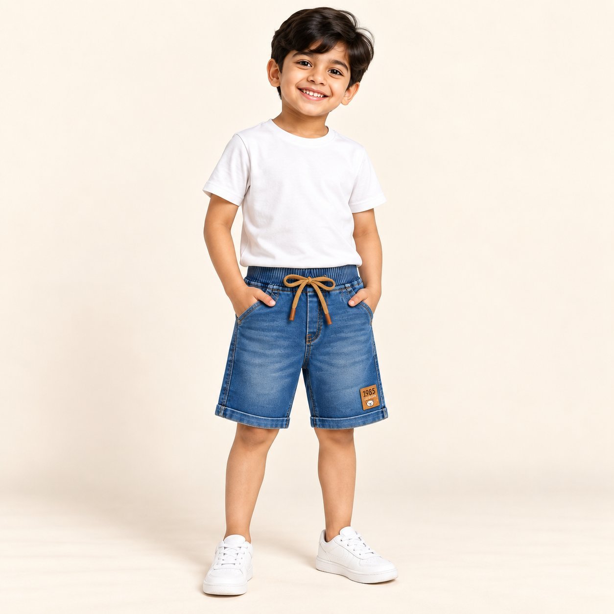 Boys Stretchable Denim Shorts with Elastic Waist & Pockets-Blue