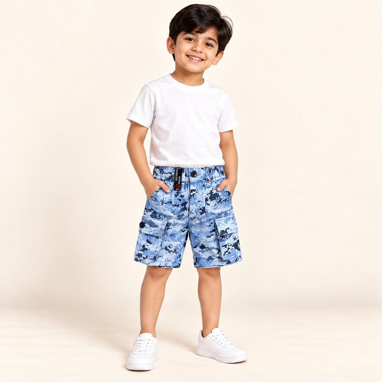 Boys Blue Camouflage Cargo Shorts with Multiple Pockets