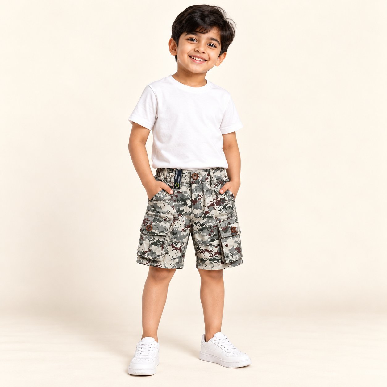 Boys Grey Camouflage Cargo Shorts with Multiple Pockets