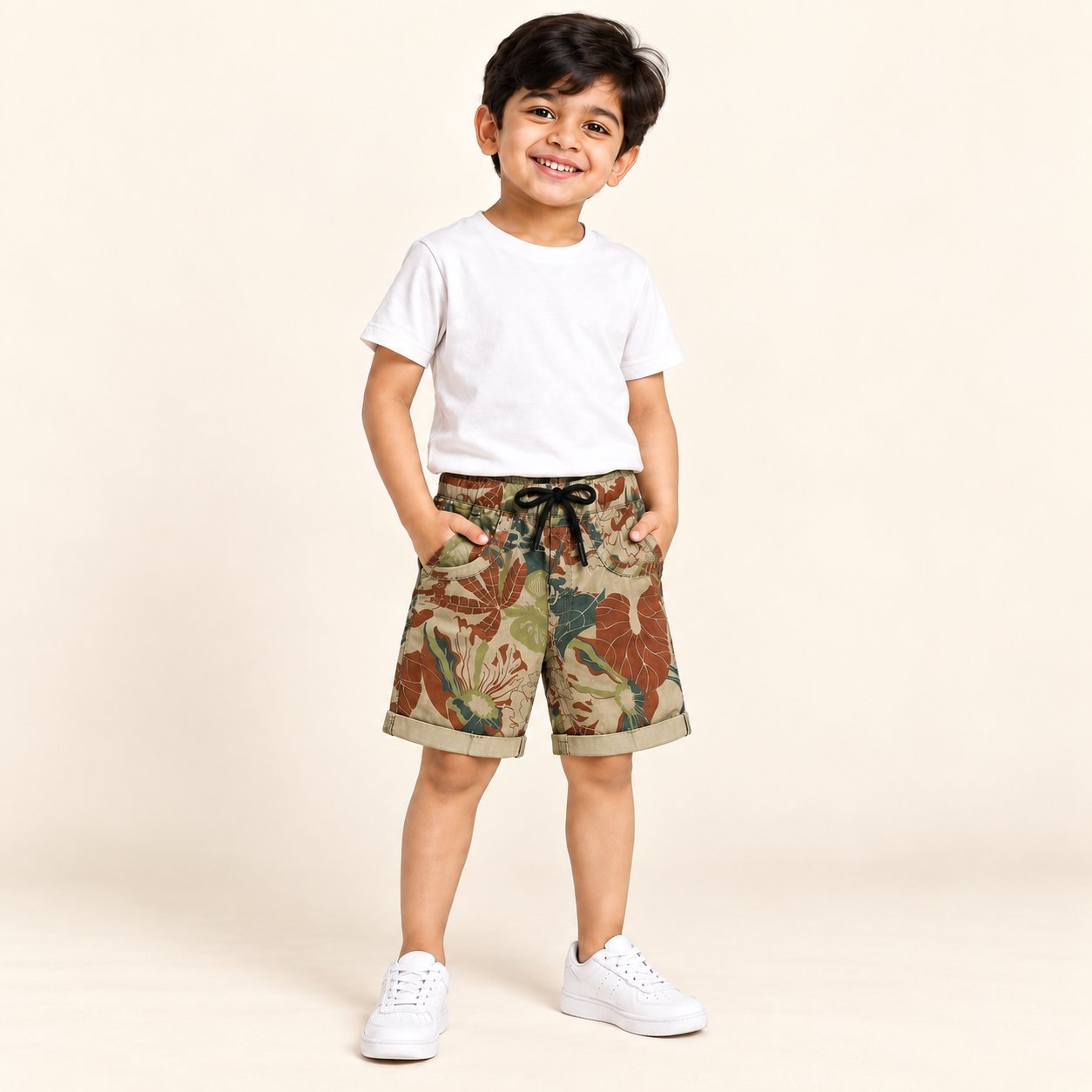 Boys Tropical Leaf Print Cotton Shorts with Drawstring
