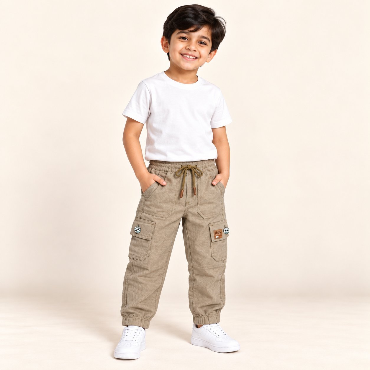 Boys Beige Cargo Jogger Pants with Elastic Waist