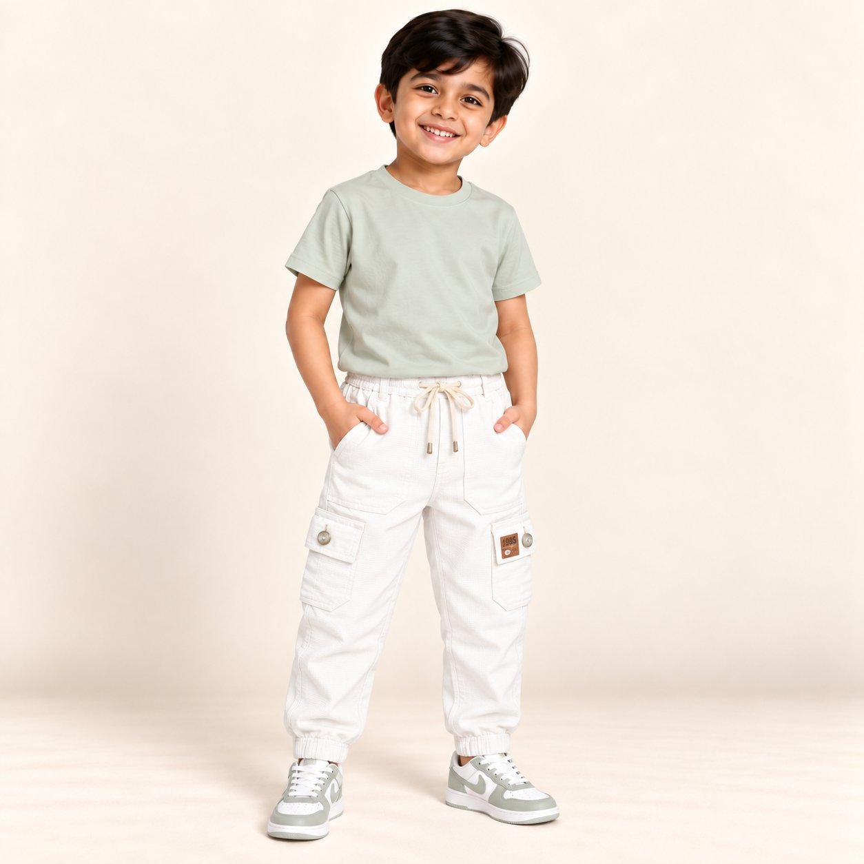 Boys White Cargo Jogger Pants with Elastic Waist