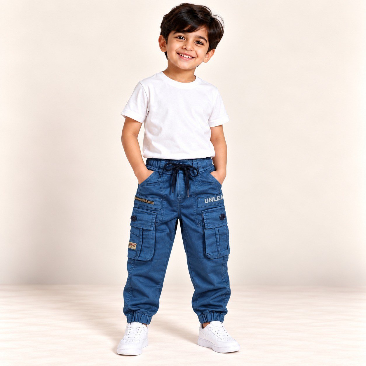 Boys Blue Cargo Jogger Pants with Multiple Utility Pockets