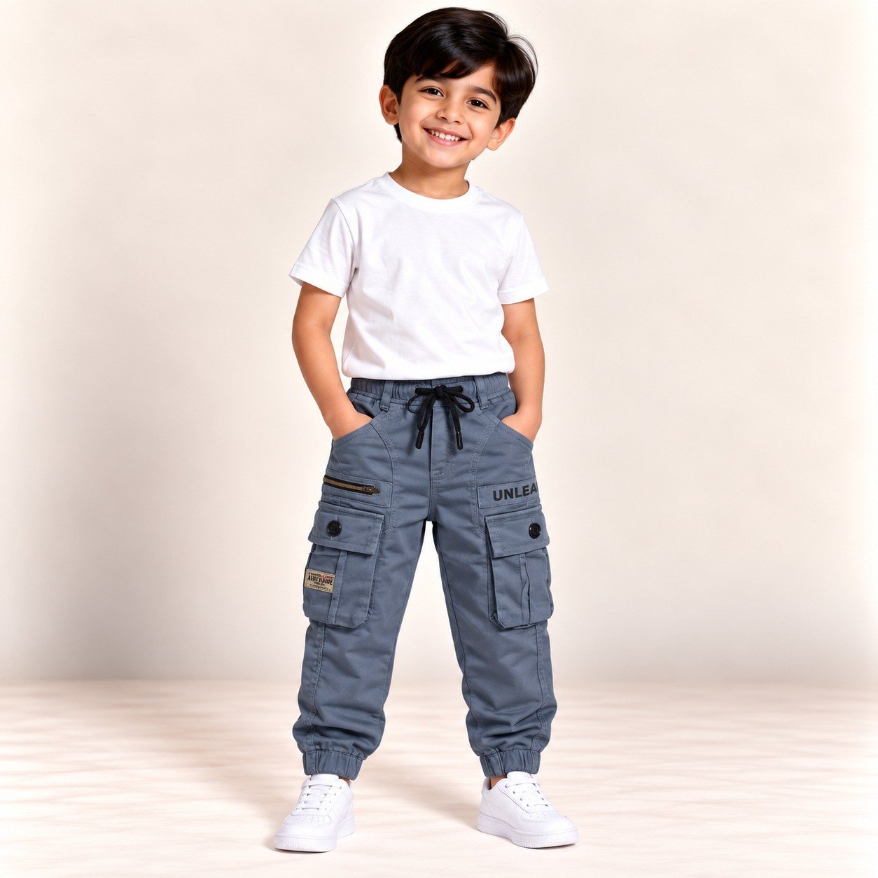 Boys Grey Cargo Jogger Pants with Multiple Utility Pockets