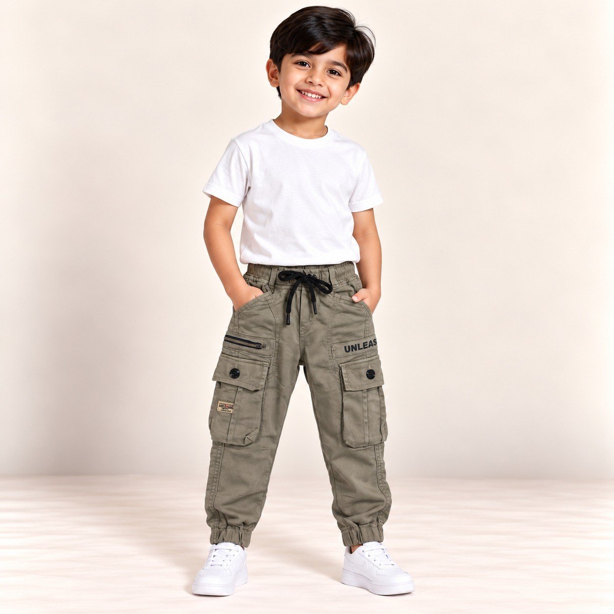 Boys Khaki Cargo Jogger Pants with Multiple Utility Pockets
