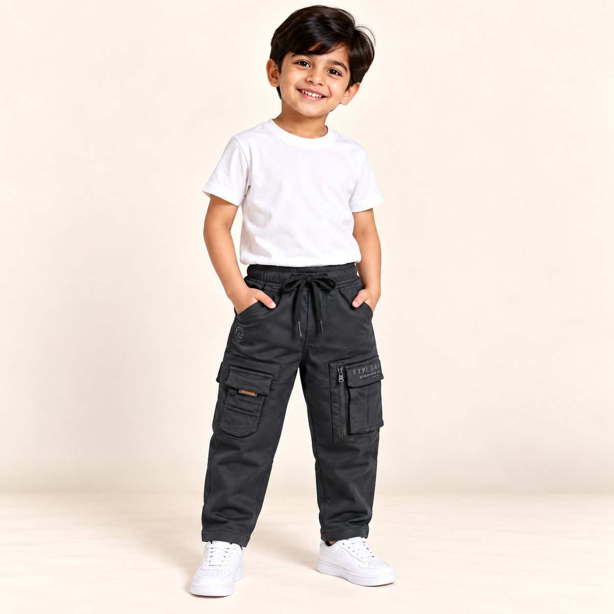 Boys Black Parallel Fit Cargo Pants with Utility Pockets