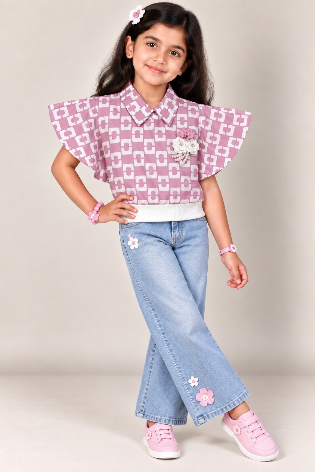 Girls Pink Printed Crop Top with Flower Brooch