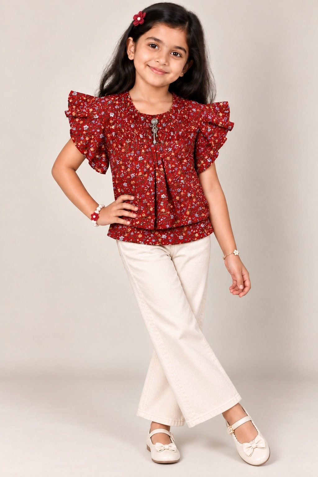 Girls Red Floral Puff Sleeve Party Wear Top