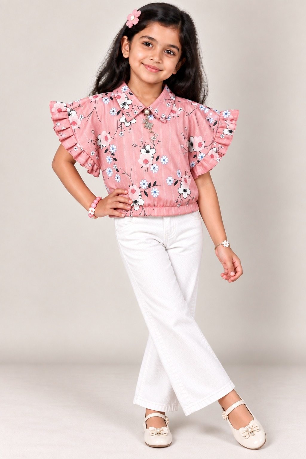 Girls Pink Floral Ruffle Sleeve Party Wear Crop Top