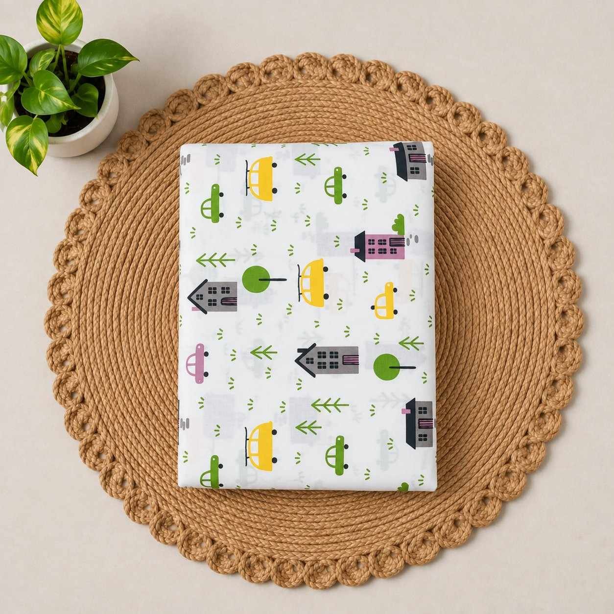 pure cotton new born baby cradle cloth | jhula thottil -Tree And Vehicle Print