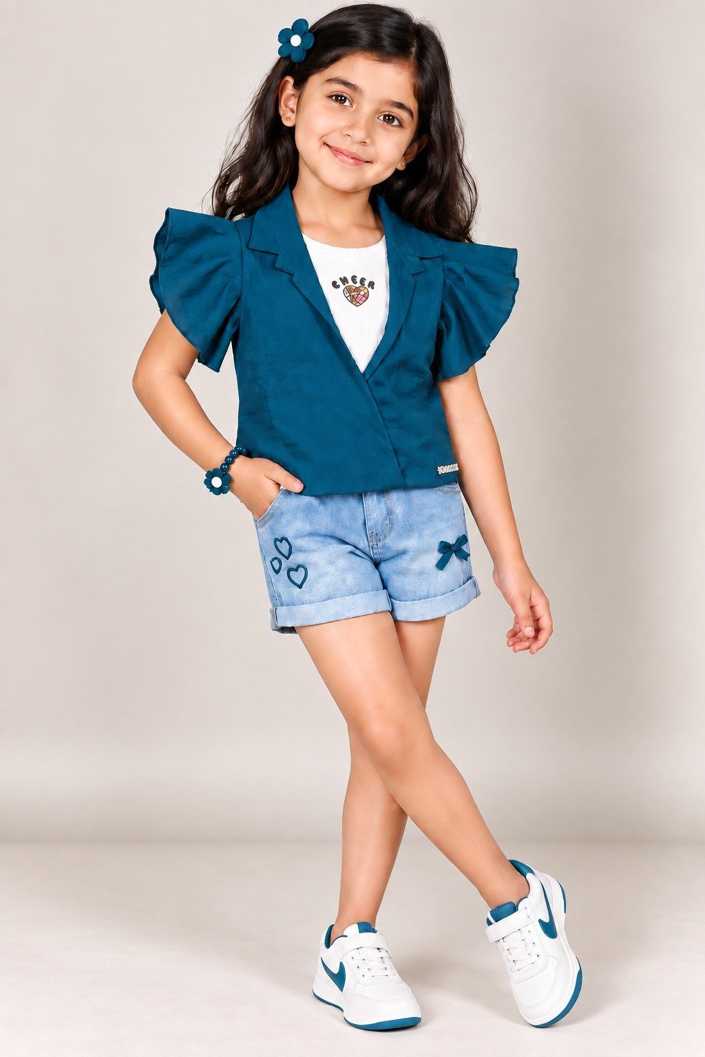 Girls Teal Blue Ruffle Sleeve Stylish Layered Top