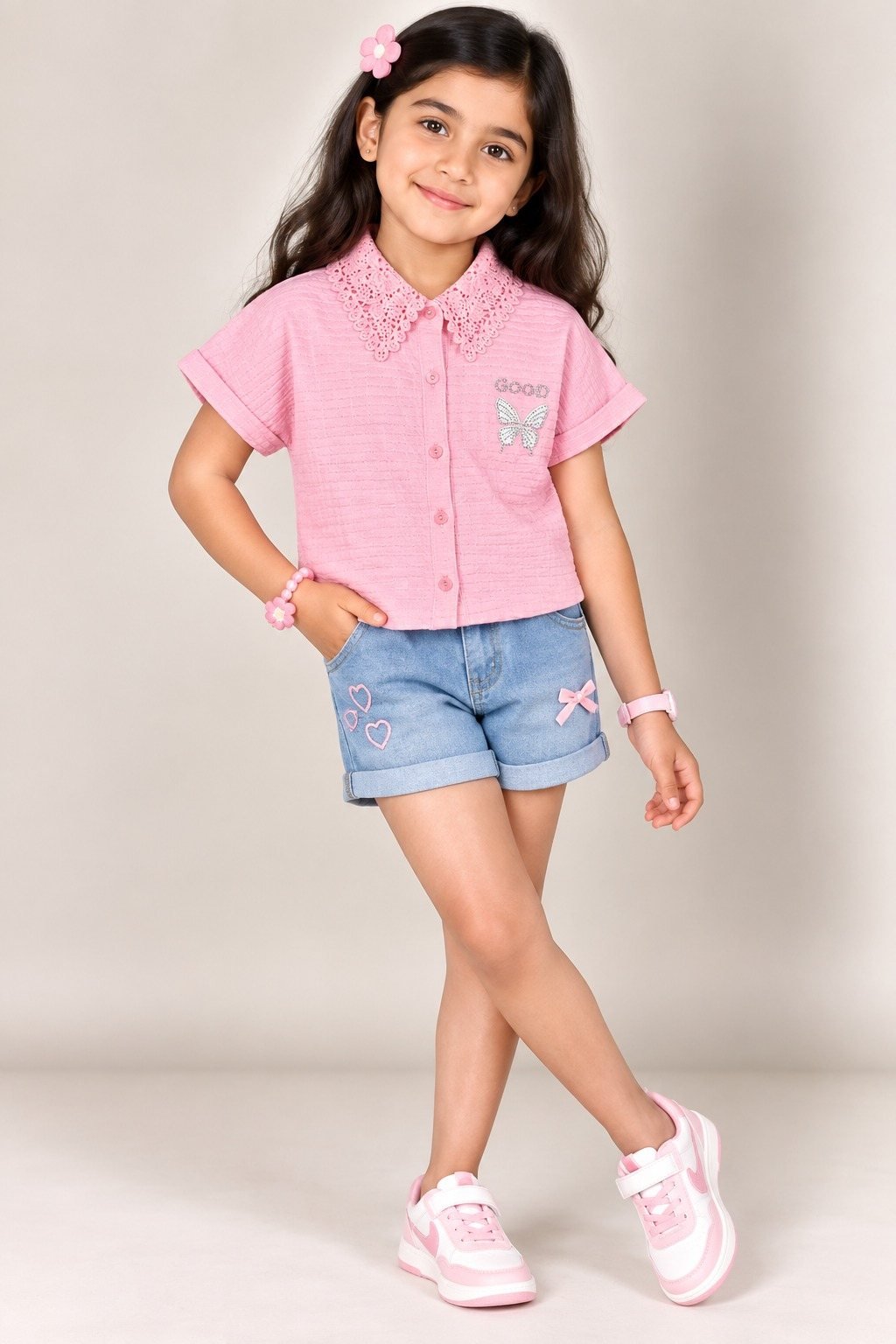 Girls Pink Lace Collar Butterfly Shirt Top