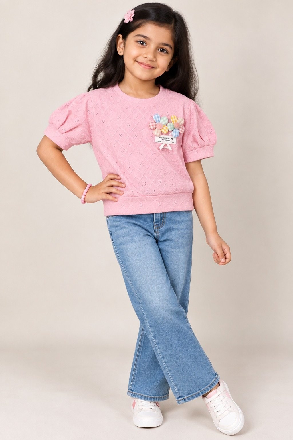 Girls Pink Lace Puff Sleeve Party Wear Top