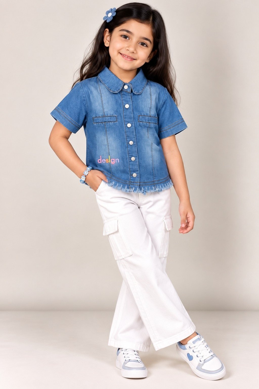 Girls Blue Denim Shirt with Frayed Hem and Collar