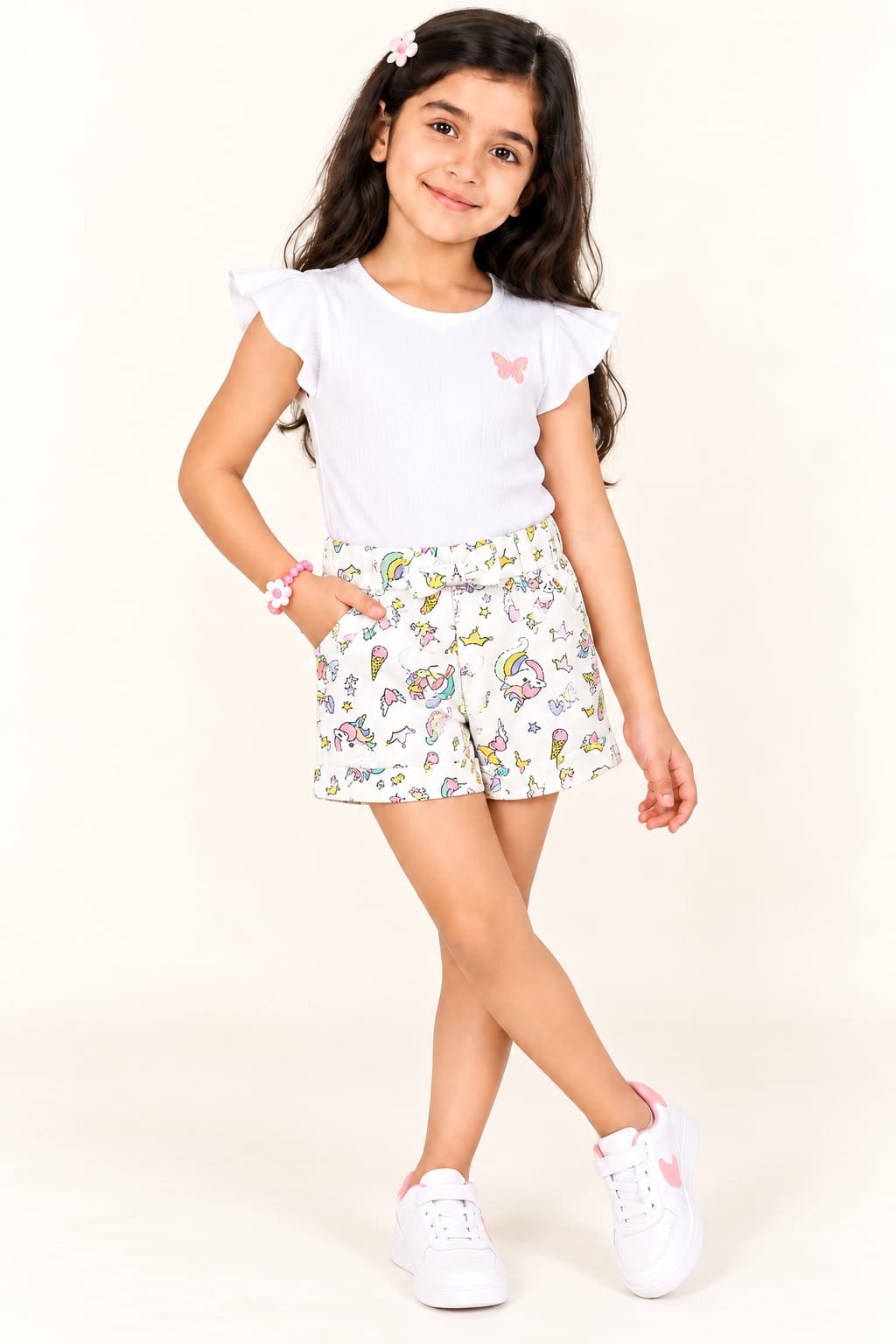 Girls White Unicorn Print Shorts | Kids Casual Wear