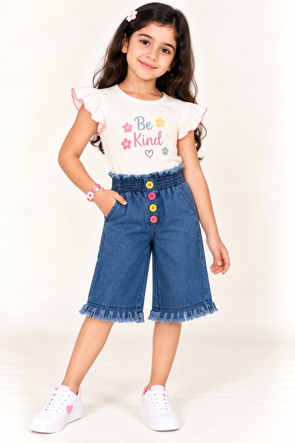 Girls Blue Denim Wide-Leg Culottes with Elastic Waist