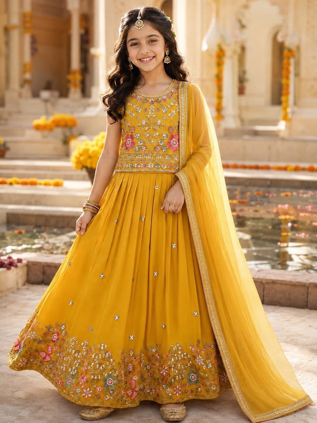 Girls Mustard Yellow Floral Lehenga Choli with Dupatta