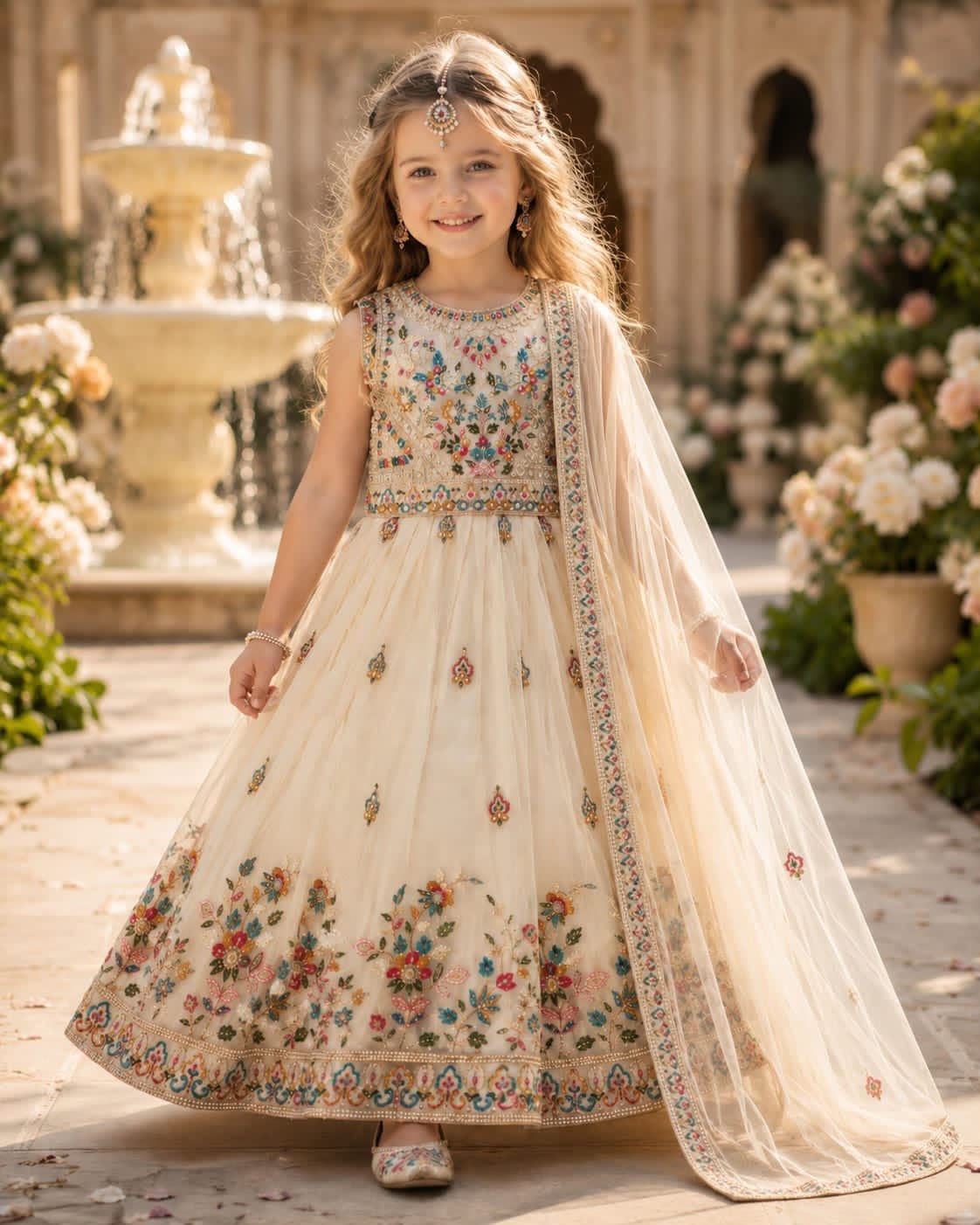 Girls Cream Floral Lehenga Choli with Dupatta for Weddings