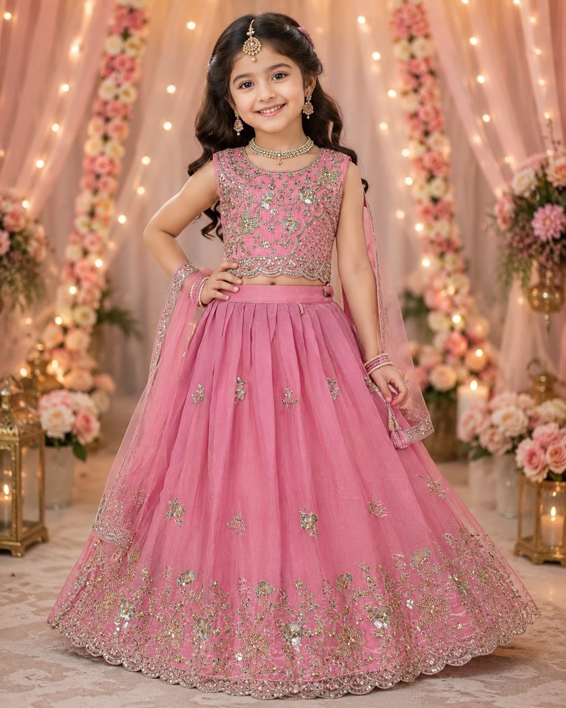 Girls Pink Embroidered Lehenga Choli with Dupatta for Funtions,Birthday party.