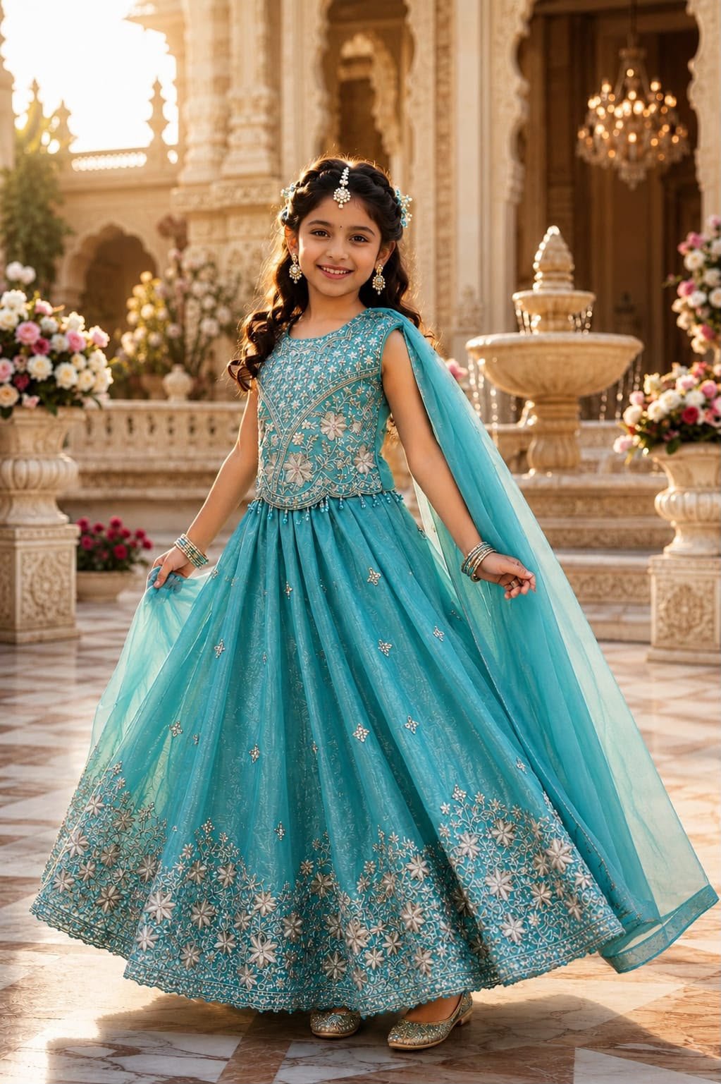Girls Teal Blue Floral Lehenga Choli with Dupatta for Weddings