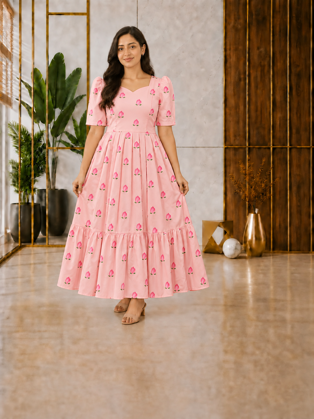 premium cotton Pink Lotus feeding dress with full Lining & pocket