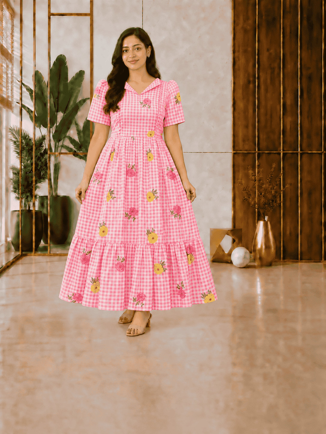 premium cotton pink cheked Half Sleeve  feeding dress with waist flap conceals the zip closure-full Linning